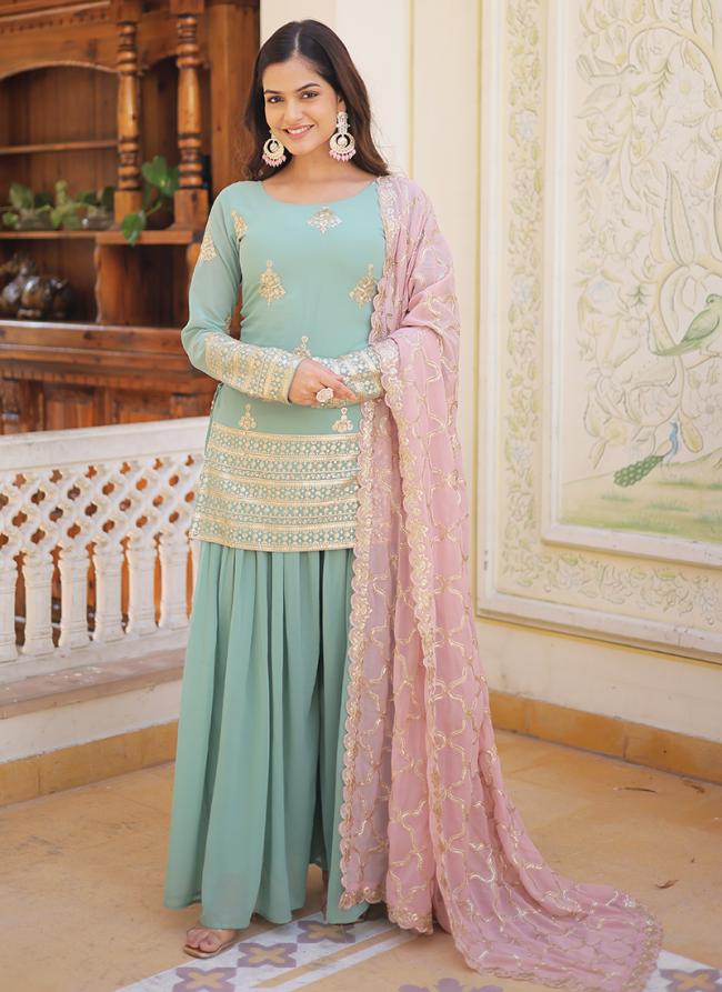 Faux Georgette Sky Blue Wedding Wear Embroidery Work Readymade Plazzo Suit